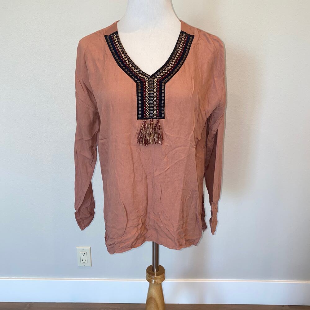 Kontatto Italy Viscose/Wool Blouse Embroidered Tassel L/S Pink Small NWT